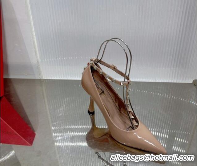 Purchase Valentino Roman Stud Pumps 10cm with Ankle Strap in Patent Leather Nude 227034