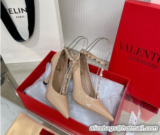 Purchase Valentino Roman Stud Pumps 10cm with Ankle Strap in Patent Leather Nude 227034