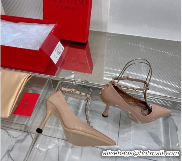 Purchase Valentino Roman Stud Pumps 10cm with Ankle Strap in Patent Leather Nude 227034