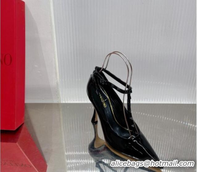 Grade Quality Valentino Roman Stud Pumps 10cm with Ankle Strap in Patent Leather Black 0227035