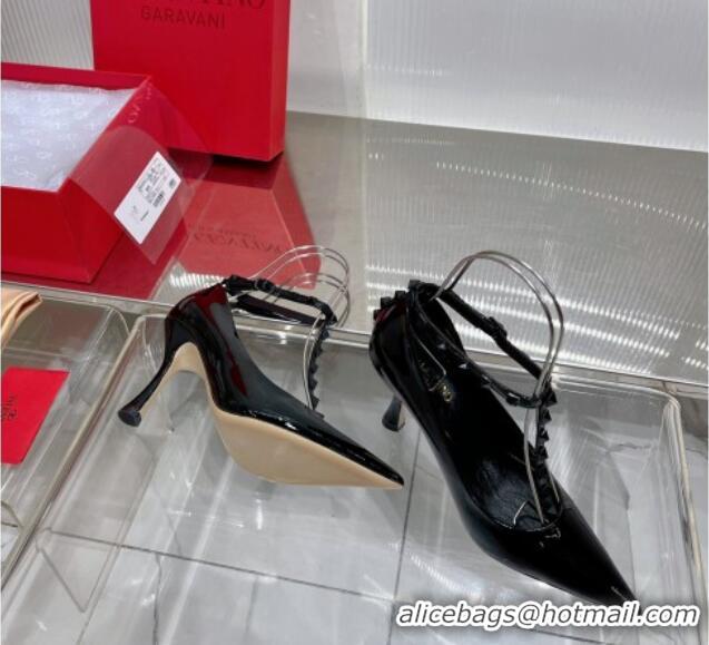 Grade Quality Valentino Roman Stud Pumps 10cm with Ankle Strap in Patent Leather Black 0227035