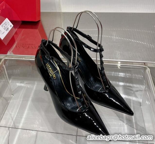 Grade Quality Valentino Roman Stud Pumps 10cm with Ankle Strap in Patent Leather Black 0227035