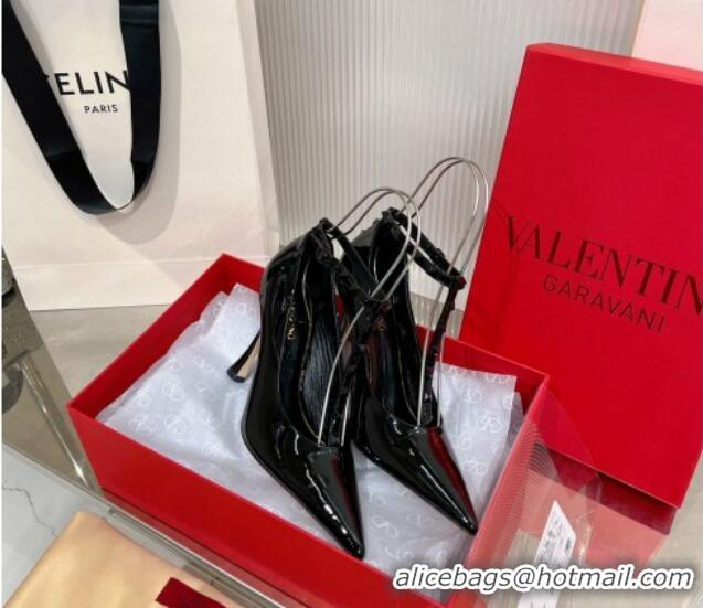 Grade Quality Valentino Roman Stud Pumps 10cm with Ankle Strap in Patent Leather Black 0227035