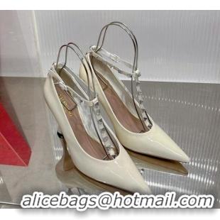 Popular Valentino Roman Stud Pumps 10cm with Ankle Strap in Patent Leather White 0227036