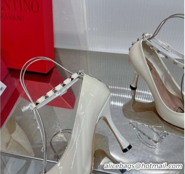 Popular Valentino Roman Stud Pumps 10cm with Ankle Strap in Patent Leather White 0227036