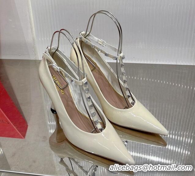 Popular Valentino Roman Stud Pumps 10cm with Ankle Strap in Patent Leather White 0227036