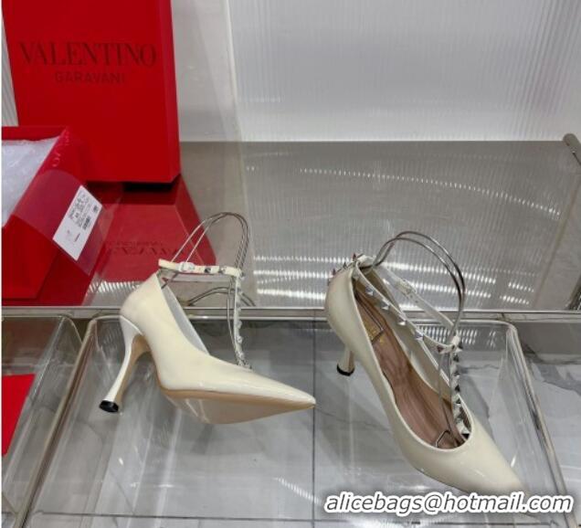 Popular Valentino Roman Stud Pumps 10cm with Ankle Strap in Patent Leather White 0227036