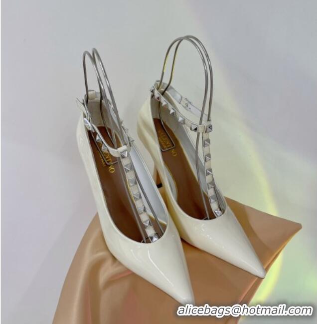 Popular Valentino Roman Stud Pumps 10cm with Ankle Strap in Patent Leather White 0227036