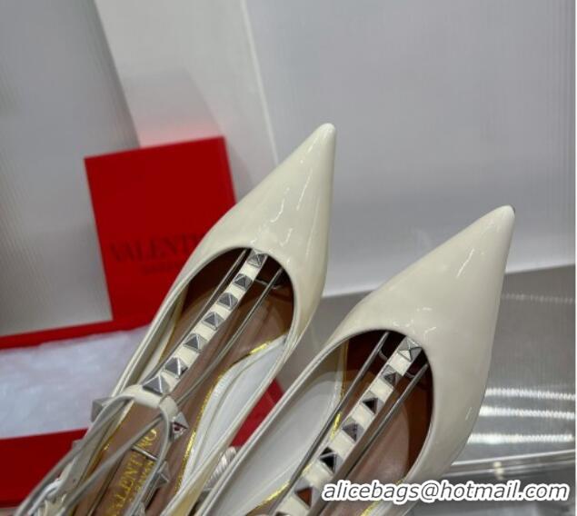 Popular Valentino Roman Stud Pumps 10cm with Ankle Strap in Patent Leather White 0227036