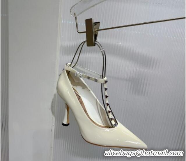 Popular Valentino Roman Stud Pumps 10cm with Ankle Strap in Patent Leather White 0227036