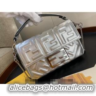 Best Quality Fendi Baguette Mini Bag in FF Metallic Leather F1228 Silver 2023