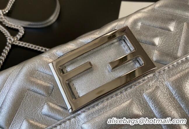 Best Quality Fendi Baguette Mini Bag in FF Metallic Leather F1228 Silver 2023