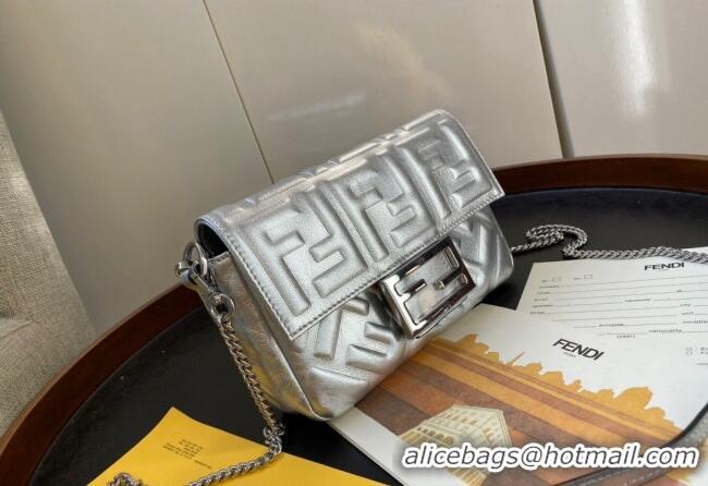 Best Quality Fendi Baguette Mini Bag in FF Metallic Leather F1228 Silver 2023