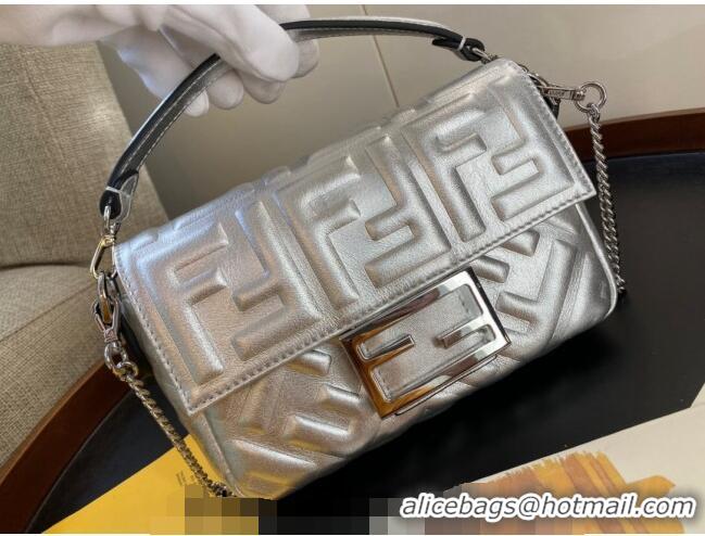 Best Quality Fendi Baguette Mini Bag in FF Metallic Leather F1228 Silver 2023