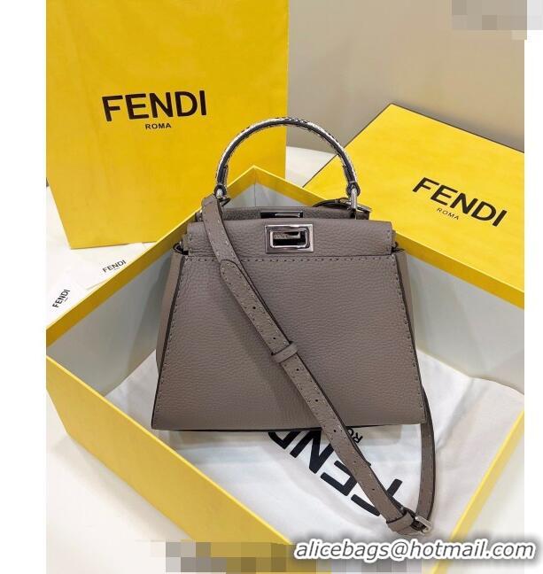 Unique Grade Fendi Peekaboo Mini Bag in Grained Leather and Snakeskin with Oversized topstitching 8551 Dove Grey 2023 to