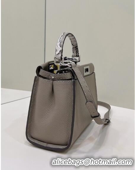 Unique Grade Fendi Peekaboo Mini Bag in Grained Leather and Snakeskin with Oversized topstitching 8551 Dove Grey 2023 to