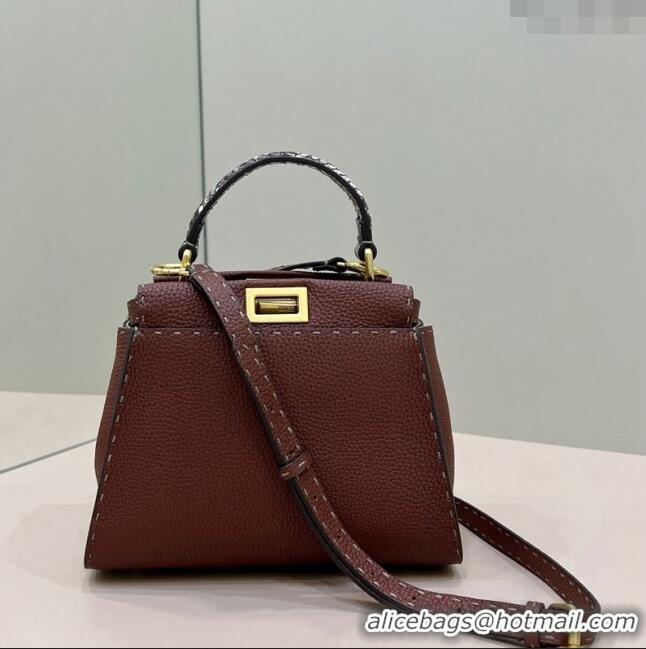 Promotional Fendi Peekaboo Mini Bag in Grained Leather and Snakeskin with Oversized topstitching 8551 Dark Brown 2023 to