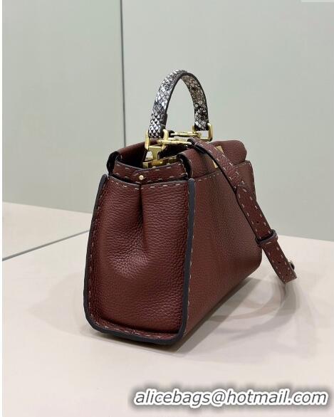 Promotional Fendi Peekaboo Mini Bag in Grained Leather and Snakeskin with Oversized topstitching 8551 Dark Brown 2023 to