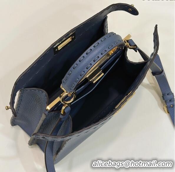 ​Discount Fendi Peekaboo ISeeU Small Bag in Grained Leather with Oversized topstitching 80133 Midnight Blue 2023 top