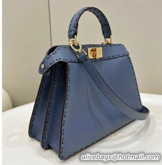 ​Discount Fendi Peekaboo ISeeU Small Bag in Grained Leather with Oversized topstitching 80133 Midnight Blue 2023 top