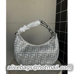 Unique Grade Fendi Fendigraphy Small Hobo Bag in leather with crystal FF motif F8075 Silver 2024