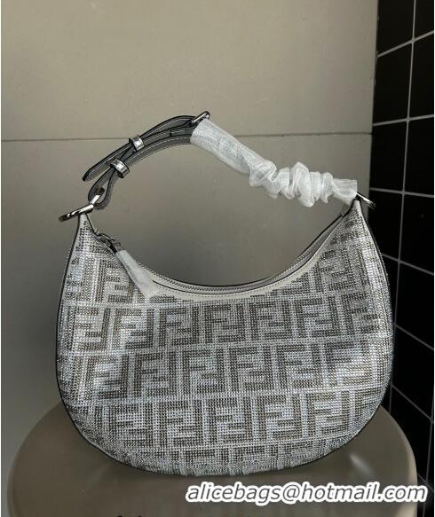 Unique Grade Fendi Fendigraphy Small Hobo Bag in leather with crystal FF motif F8075 Silver 2024