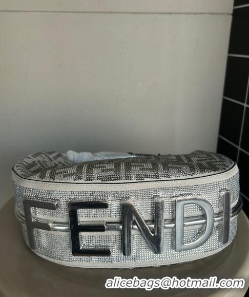 Unique Grade Fendi Fendigraphy Small Hobo Bag in leather with crystal FF motif F8075 Silver 2024