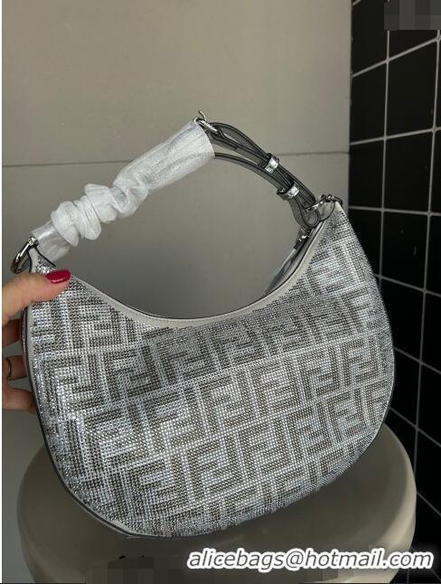 Unique Grade Fendi Fendigraphy Small Hobo Bag in leather with crystal FF motif F8075 Silver 2024