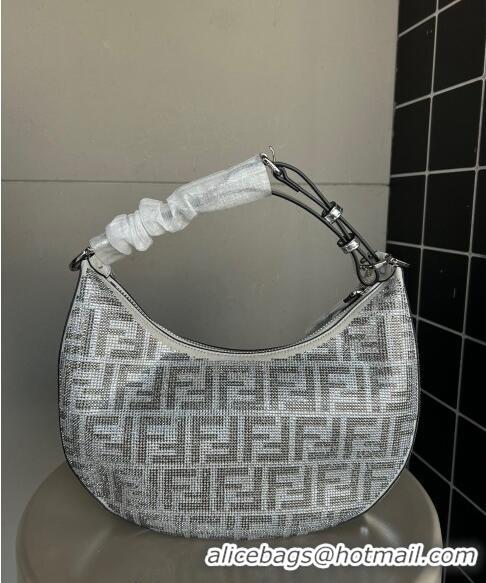 Unique Grade Fendi Fendigraphy Small Hobo Bag in leather with crystal FF motif F8075 Silver 2024