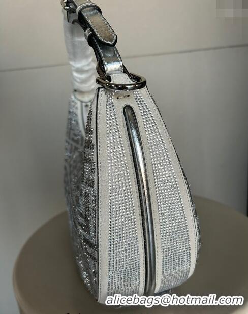 Unique Grade Fendi Fendigraphy Small Hobo Bag in leather with crystal FF motif F8075 Silver 2024