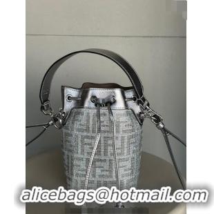 Buy Inexpensive Fendi Mon Tresor Mini Bucket Bag in leather with crystal FF motif F8070 Silver 2024