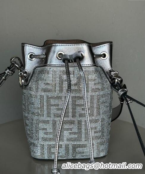 Buy Inexpensive Fendi Mon Tresor Mini Bucket Bag in leather with crystal FF motif F8070 Silver 2024