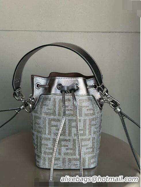 Buy Inexpensive Fendi Mon Tresor Mini Bucket Bag in leather with crystal FF motif F8070 Silver 2024