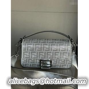 Super Quality Fendi Baguette Medium Bag in leather with crystal FF motif F8071 Silver 2024