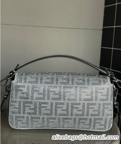 Super Quality Fendi Baguette Medium Bag in leather with crystal FF motif F8071 Silver 2024