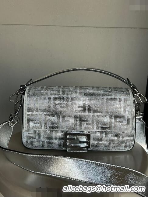 Super Quality Fendi Baguette Medium Bag in leather with crystal FF motif F8071 Silver 2024