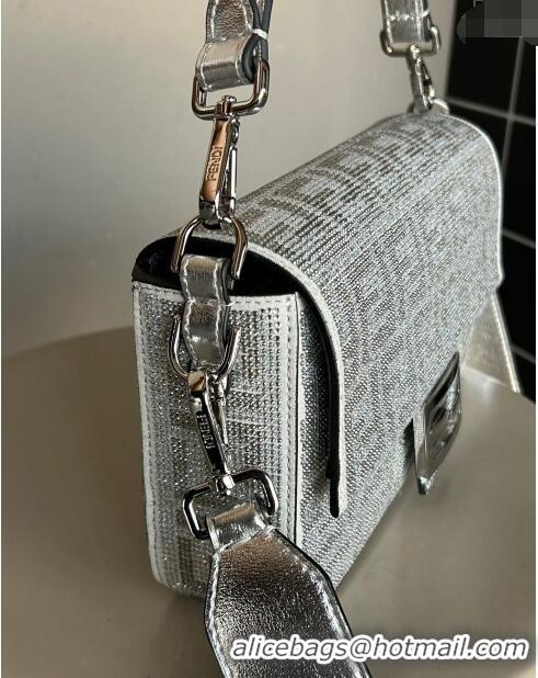 Super Quality Fendi Baguette Medium Bag in leather with crystal FF motif F8071 Silver 2024