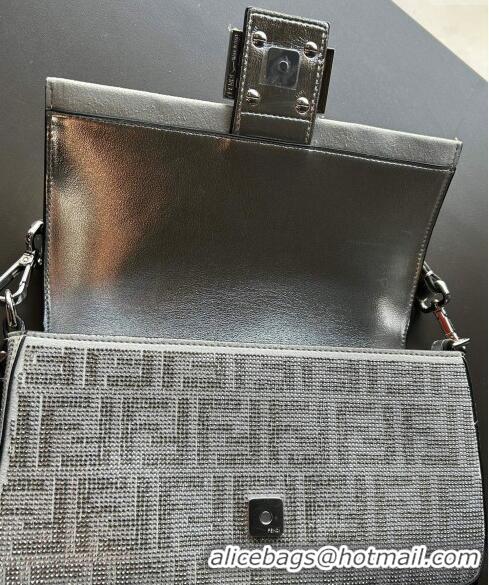 Super Quality Fendi Baguette Medium Bag in leather with crystal FF motif F8071 Silver 2024