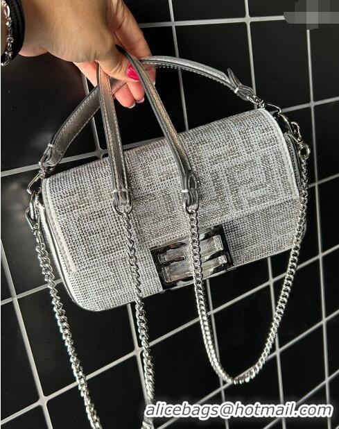 Best Price Fendi Baguette Mini Bucket Bag in leather with crystal FF motif F8072 Silver 2024