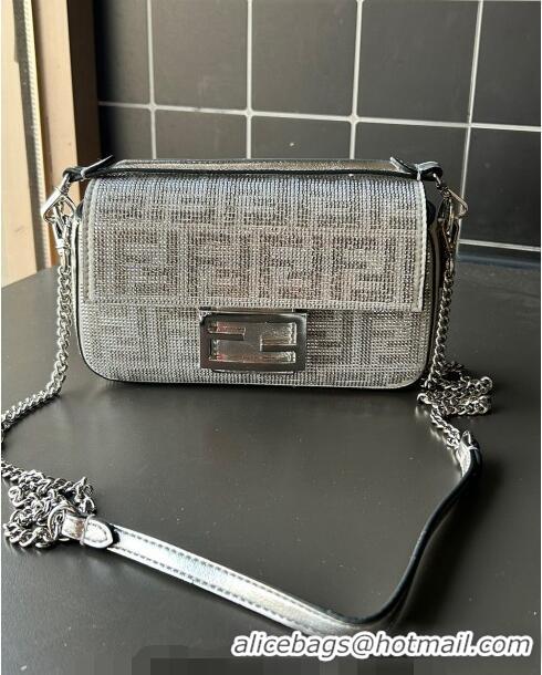 Best Price Fendi Baguette Mini Bucket Bag in leather with crystal FF motif F8072 Silver 2024