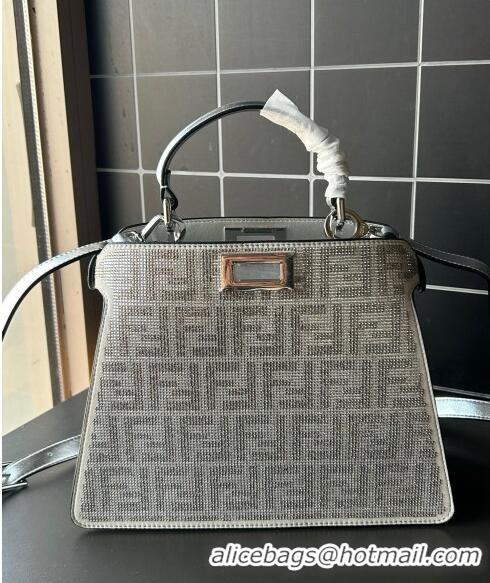 Popular Style Fendi Peekaboo ISeeU Small Bag in Silver leather with crystal FF motif F8073 2024