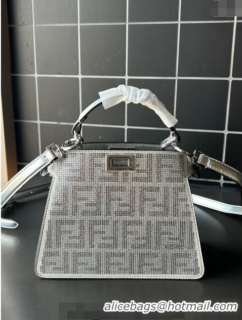 Super Quality Fendi Peekaboo ISeeU Petite Bag in leather with crystal FF motif F8074 Silver 2024