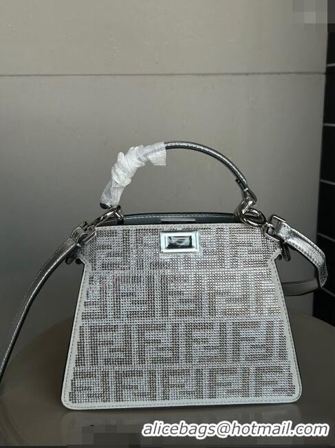 Super Quality Fendi Peekaboo ISeeU Petite Bag in leather with crystal FF motif F8074 Silver 2024