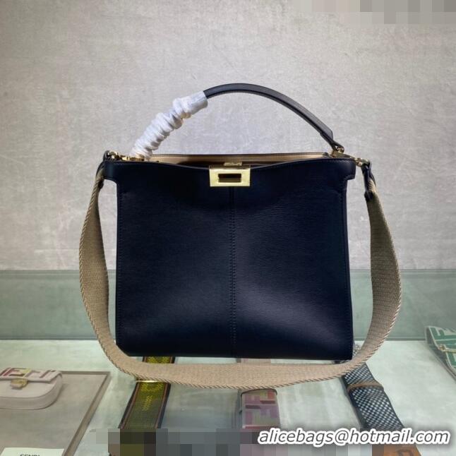 Top Quality Fendi Peekaboo Small Tote Bag in Calfskin with Strap F8081 Black/Beige 2024