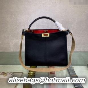 Best Quality Fendi Peekaboo Small Tote Bag in Calfskin with Strap F8081 Black/Red 2024