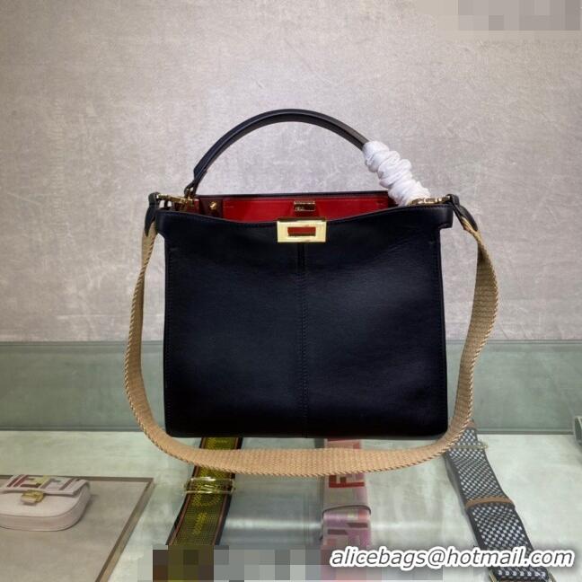 Best Quality Fendi Peekaboo Small Tote Bag in Calfskin with Strap F8081 Black/Red 2024