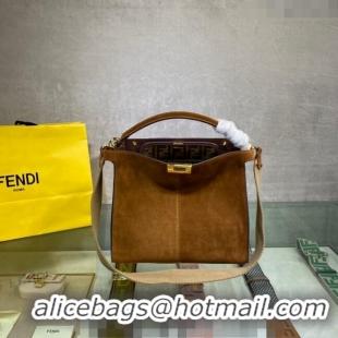 Promotional Fendi Peekaboo Small Tote Bag in Suede with Strap F8081 Brown 2024