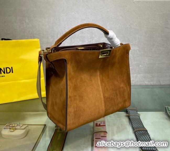 Promotional Fendi Peekaboo Small Tote Bag in Suede with Strap F8081 Brown 2024