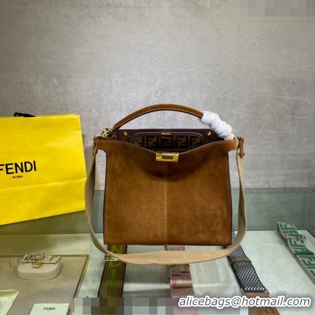 Promotional Fendi Peekaboo Small Tote Bag in Suede with Strap F8081 Brown 2024