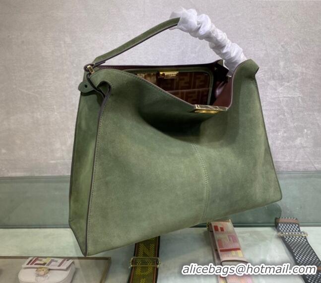 New Design Fendi Peekaboo Large Tote Bag in Suede with Strap F8085 Green 2024